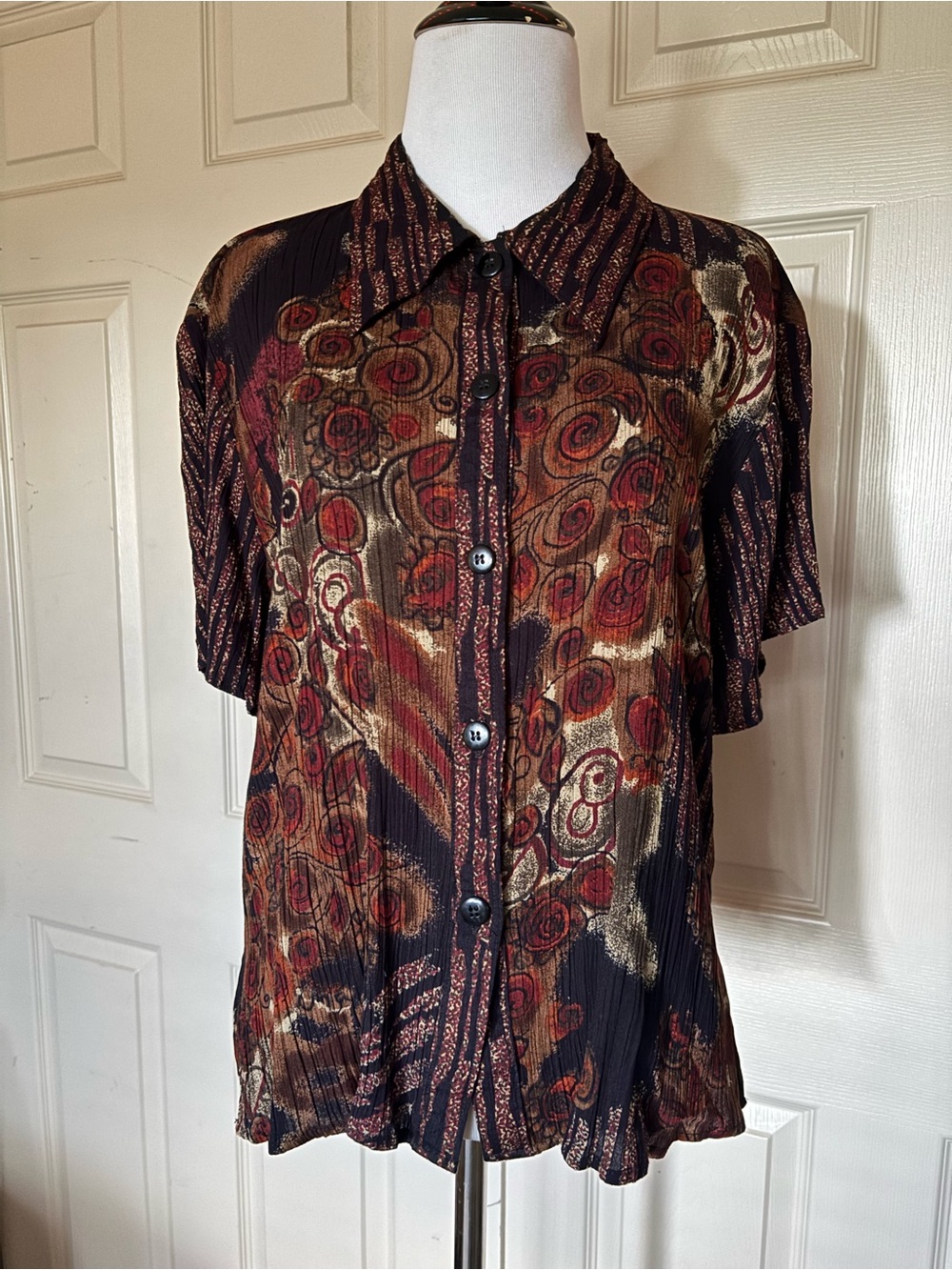 Vintage Button-Down Blouse in Black, Brown and Red